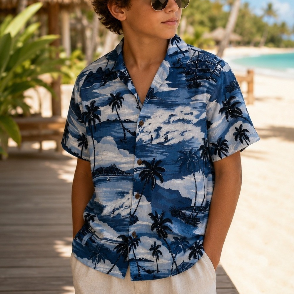 Hilo Hattie Hawaiian Aloha Shirt L Blue Surf Print Made in Hawaii Luau Resort
